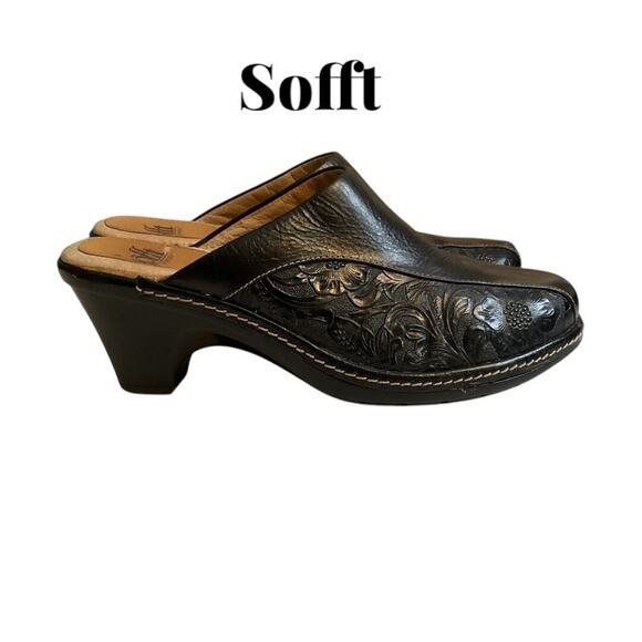 Sofft Mules Shoes 7M Black Leather Floral Embossed Heels Slip On Bicycle Toe - Picture 1 of 16